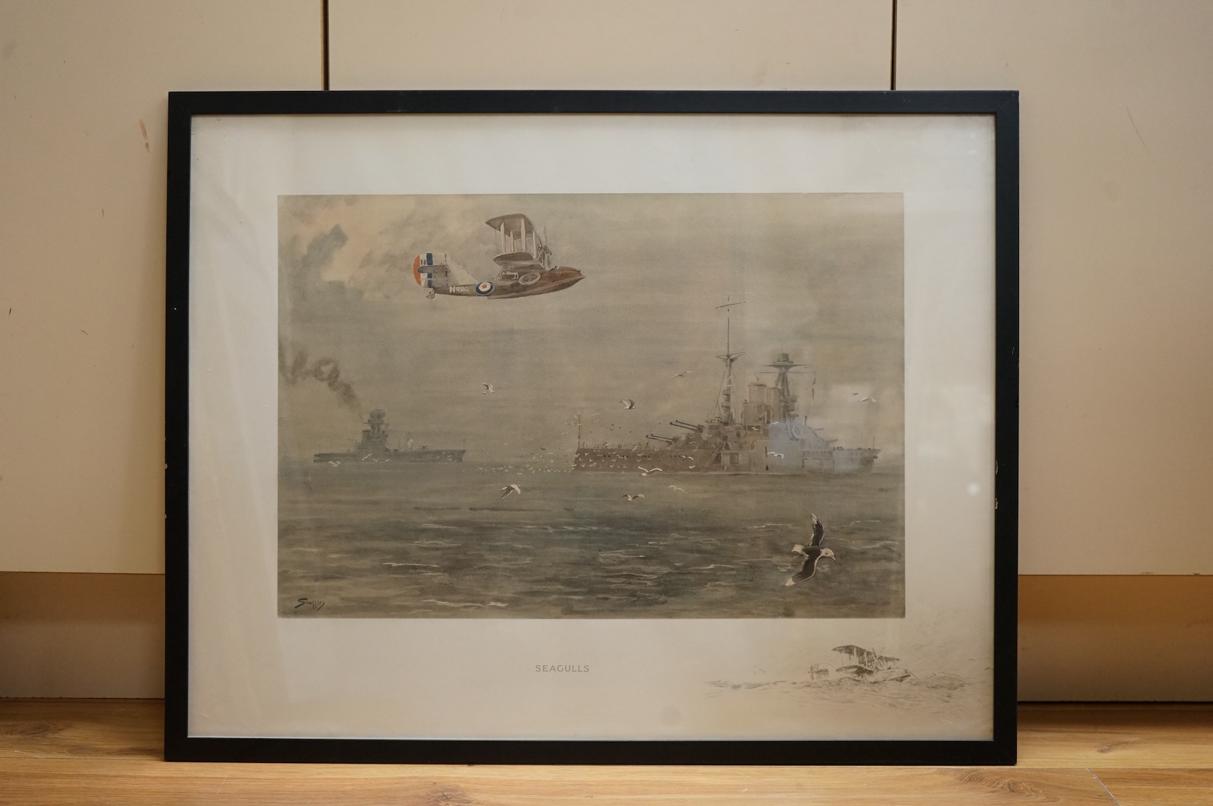 Snaffles’, Charles Johnson Payne (1884-1967), print, ‘Seagulls’, (depicting a Supermarine Seagull flying boat of a type operating (c. 1922 -27) from the 1st HMS Eagle, shown in background with a Queen Elizabeth class bat